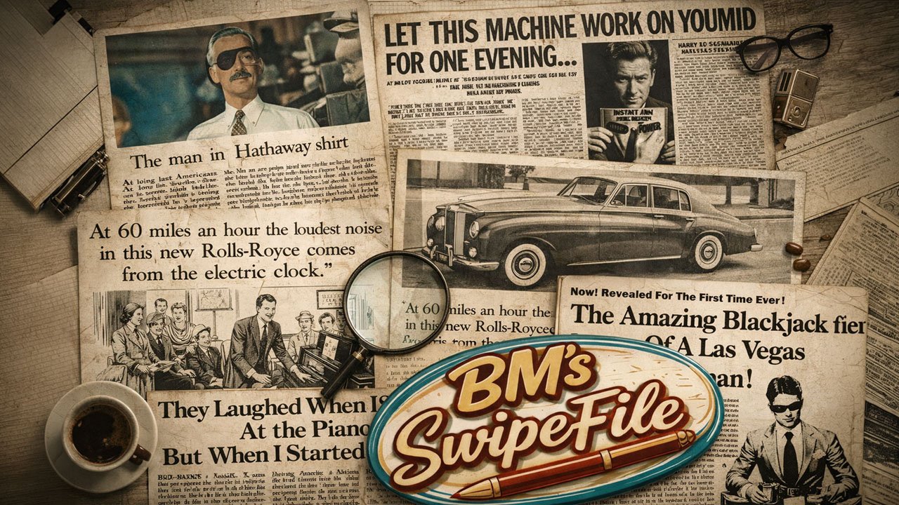 A physical swipe file — clippings, ads and letters organized for copywriting reference